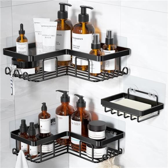 Corner Adhesive Shower Caddy, with Soap Holder and 12 Hooks, Rustproof - Picture 1 of 7